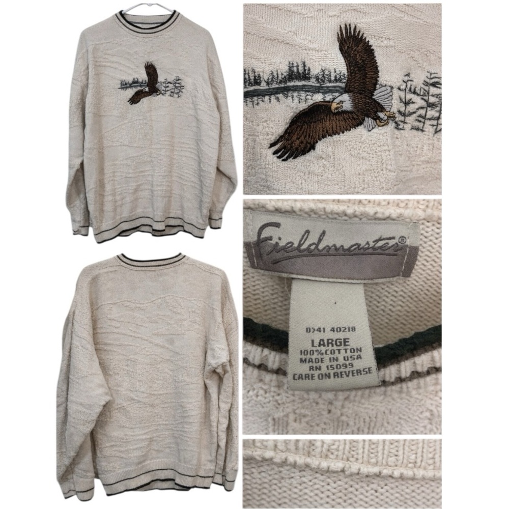 Vintage USA Eagle Sweater Mens Large Fieldmaster Embroidered 90s Americana Knit